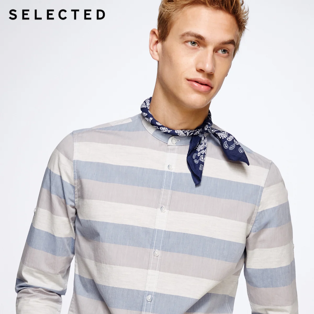 Отборная Мужская рубашка с воротником-стойкой в полоску из 100% хлопка разных