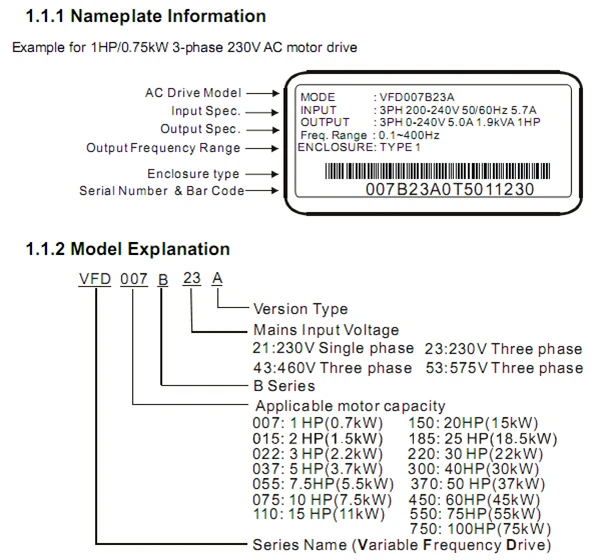 Оригинальный новый двигатель VFD007B21A 0 75 кВт 750 Вт Delta VFD AC Однофазный инвертор 220 В