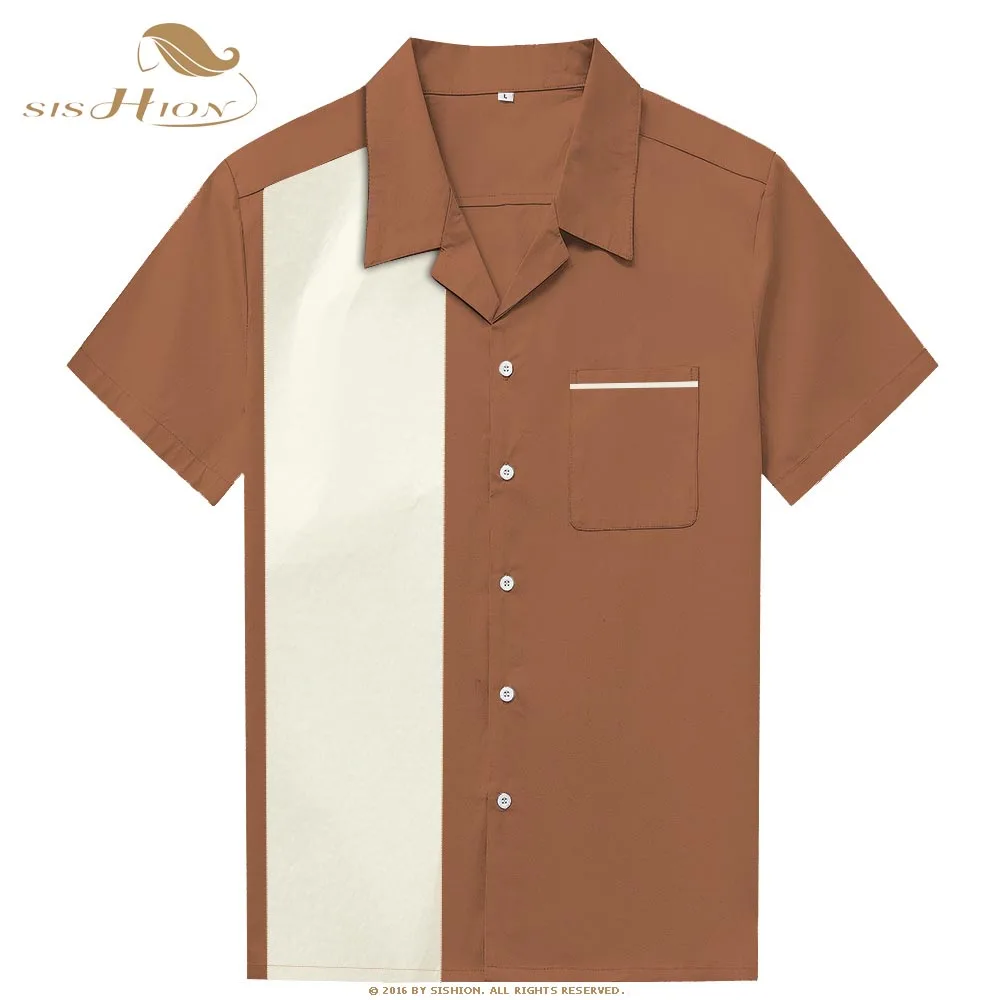 

SISHION 50's Vintage Inspired Button Up Retro Men Shirt ST110 Red Brown Cotton Pocket Casual Shirts camisa masculina