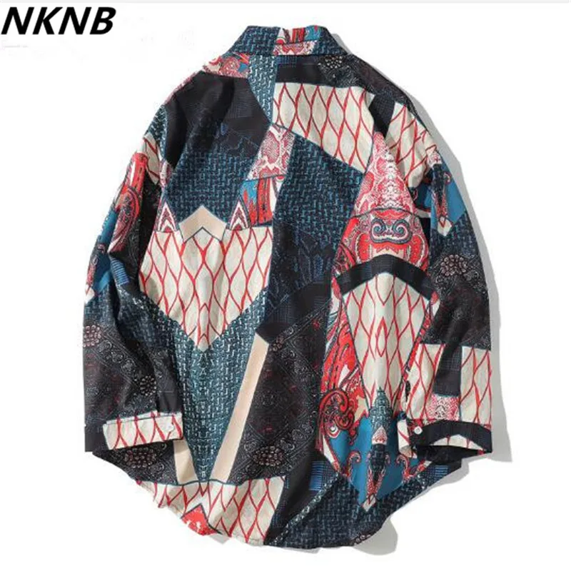 Японские рубашки Ukiyo E с геометрическим рисунком лоскутные длинным рукавом 2018