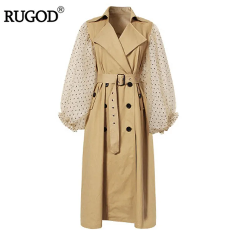 RUGOD 2019 новый элегантный точка сетки лоскутное Фонари рукавом Тренч Для женщин