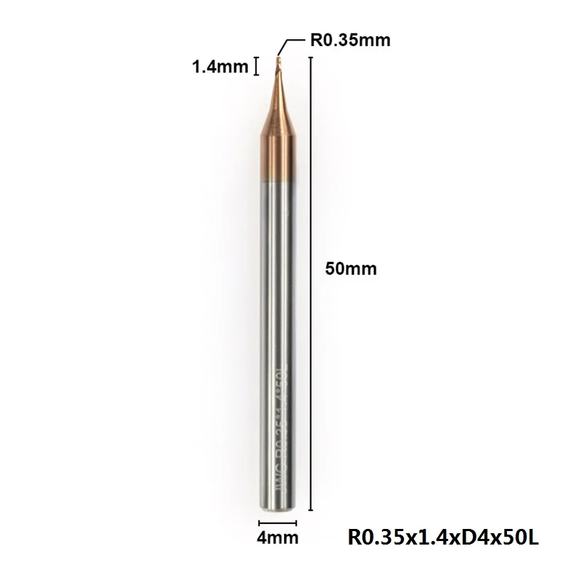 R0.35xD4x50L 1 шт. 0,1-0,45 мм микро сферическая Концевая фреза 2 флейты Вольфрамовая сталь ЧПУ фреза с покрытием TiCN фреза - Длина режущей кромки: R0.35xD4x50L