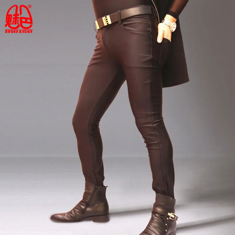 

MEISE Trousers Men Tight Long Pants Lycra High-elastic Pencil Pants Nightclub Costume Smooth Skinny Homme Stage Wear NK21