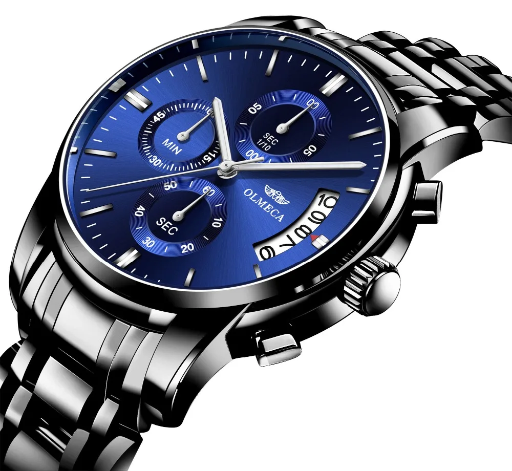 Men Watches OLMECA Brand Watch Military Relogio Masculino Chronograph Wrist Female Clock Black Stainless Steel Blue Dial | Наручные часы