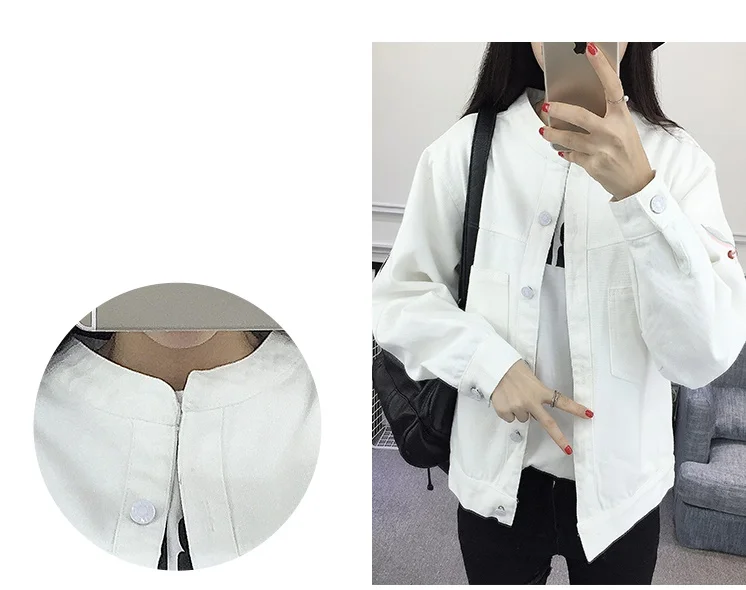 Женская джинсовая куртка с длинным рукавом белая вышивкой весна осень 2019|Женские