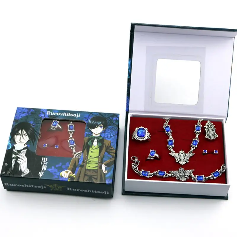 

Black Butler Cosplay Accessories Ciel Phantomhive Ring Cartoon Necklace Pendants Bracelets Badge set for Gift