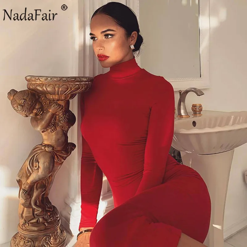 Nadafair Водолазка с длинным рукавом облегающее сексуальное миди платье Vestidos