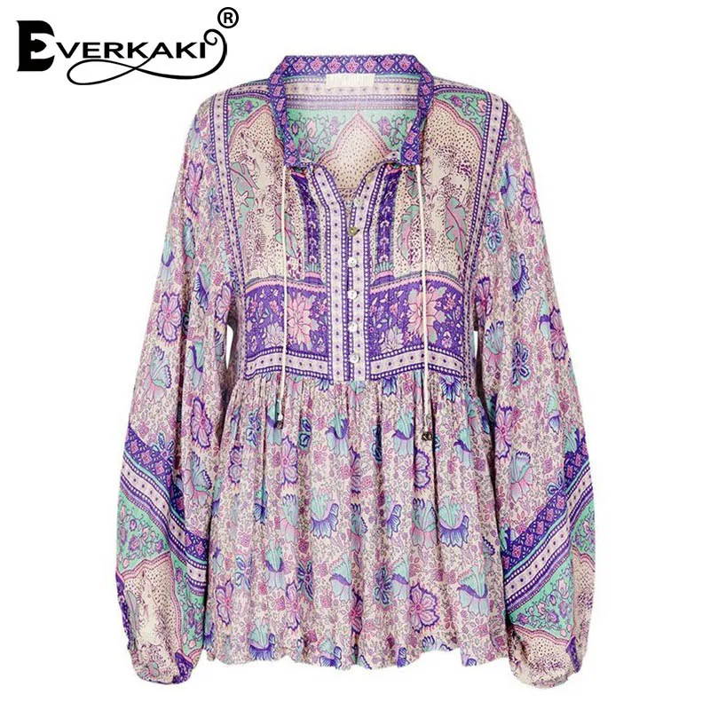 Purple Everkaki Boho Gypsy блузка с принтом, женские топы, хлопок, пуговицы, рукав-фонарик, шея, завязанная, сиреневая, богемная блузка, женская,, весна, Новинка - Цвет: Purple