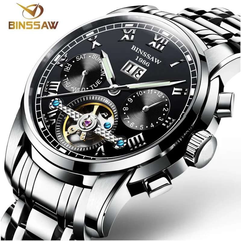 BINSSAW Tourbillon Мужские автоматические часы Топ бренд механические нержавеющая сталь