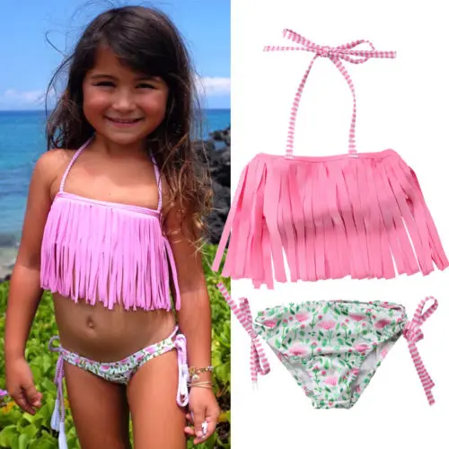 Детский купальник с кисточками для маленьких девочек 2 предмета открытой спиной