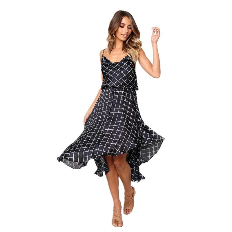 2019 Fashion Women Dress Summer Plaid Laced Sexy V-neck Halter Irregular Sleeveless Bohemian Mid Calf Female Beach Dresses | Женская