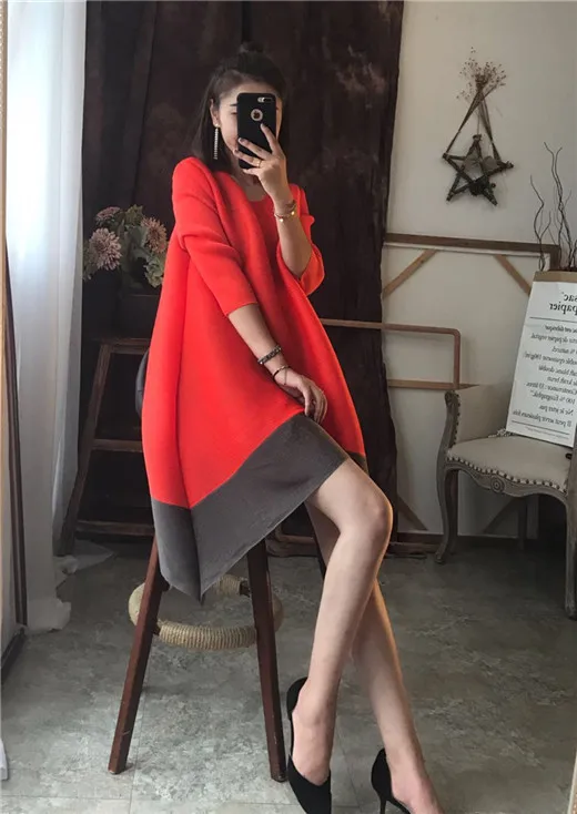 orange round collar DEAT, новинка, женское весеннее плиссированное платье, повседневное, элегантное, зеленое, водолазка, со вставками, рукав три четверти, платья, SA568 - Цвет: orange round collar