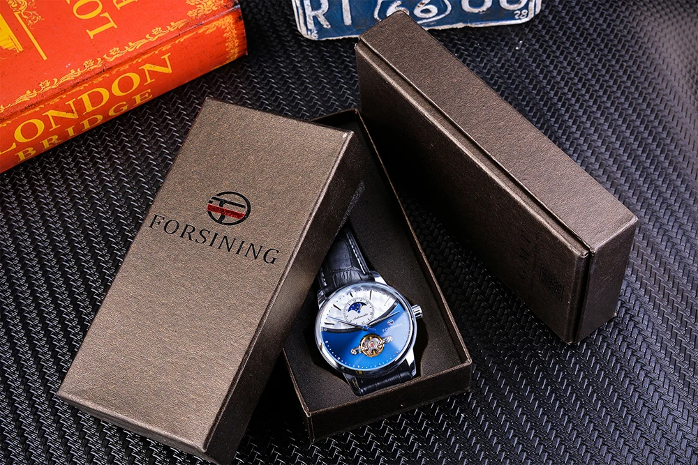 Классические Механические часы Forsining Blue Moon Phase, автоматические турбийон, мужские часы из натуральной кожи, мужские часы, Прямая поставка