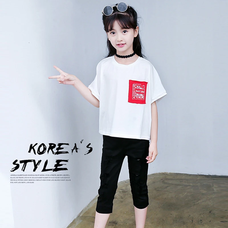 

Hot Sale White Black Hole Cropped Pants Kid Pants Spring Summer Trousers Baby Fashion New Girls Elastic Waist Pencil Pants XL729