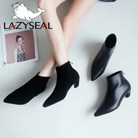 lazyseal new luxury women boots leather winter casual shoes woman hoof heels pointed toe ankle boots female botas mujer
