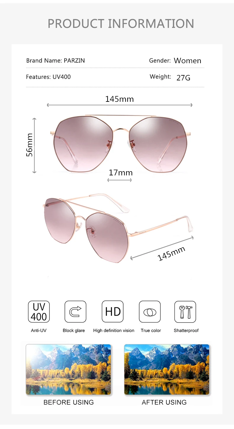PARZIN Women's Sunglasses Brand Designer High Quality Metal Large Frame Sunglasses Fashion Light Color Trend Sunglasses New