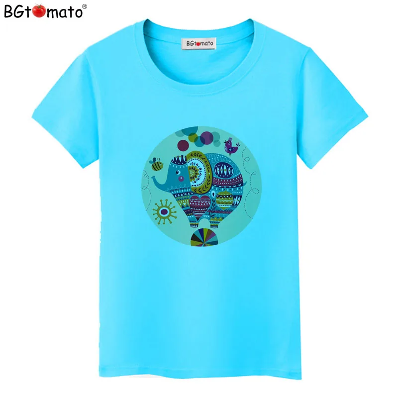 

BGtomato T shirt Creative design art work tee shirt Beautfiul colorful elephant kawaii clothes Original brand tshirt women