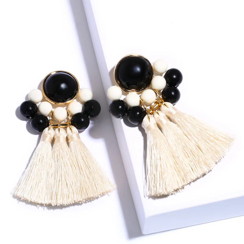 Женские винтажные серьги подвески FLOLA Boho красные с бахромой и золотыми бусинами