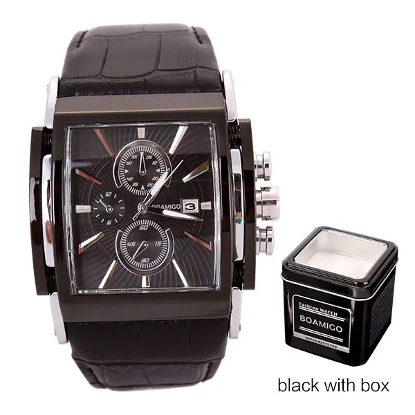 Black With Box Мужские часы BOAMIGO, квадратные, водонепроницаемые, с большим циферблатом, спортивные часы, розовое золото, водонепроницаемые, кожаные, наручные часы для мужчин - Цвет: Black With Box