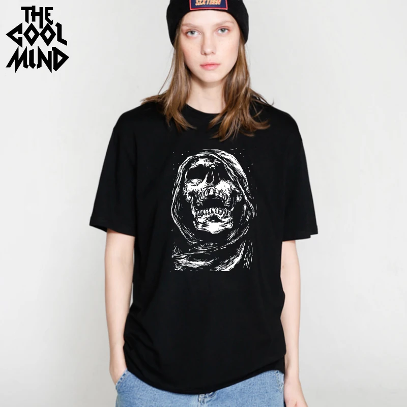 COOLMIND SK0220B 100% хлопок Повседневная Свободная Женская футболка с принтом черепа