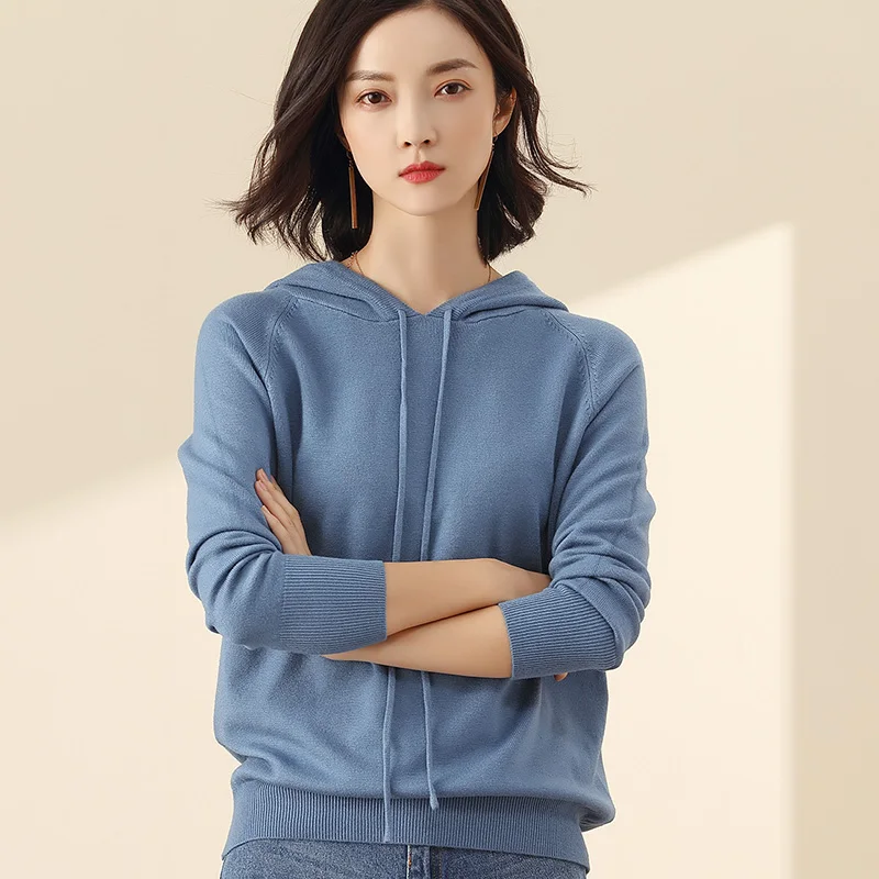 

Женский вязаный кашемировый свитер, шерстяной пуловер с длинным рукавом, теплый свитер с капюшоном, весна-осень