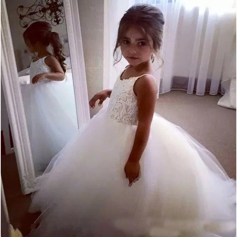 Белый Аппликация Тюль Бальное платье Девушки Цветка Платья 2017 Длина Пола Без