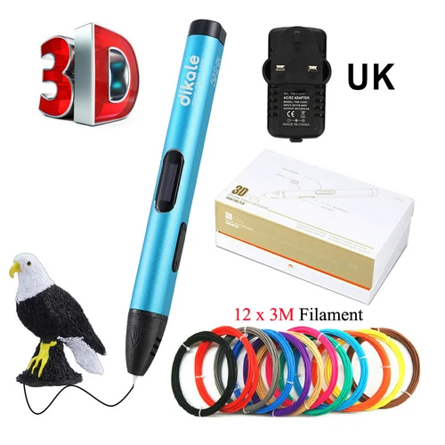 Blue UK Plug 36m PLA Dikale 3D печать ручки 5 В DIY 3D usb зарядка ручка 3D Рисование ручки 36 м PLA нити для детей и взрослых творческие Обучающие игрушки подарок - Цвет: Blue UK Plug 36m PLA