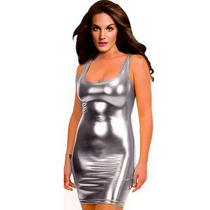 ps003 fashion brief sexy women short mini dress solid silver gold black tight package buttocks club nightwear patent-leather | Женская