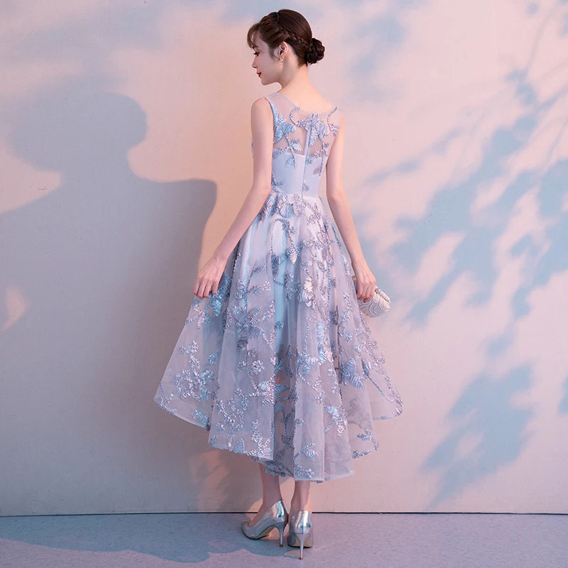 Серебряный Высокие Низкие платья для выпускного вечера 2019 новый без рукавов с