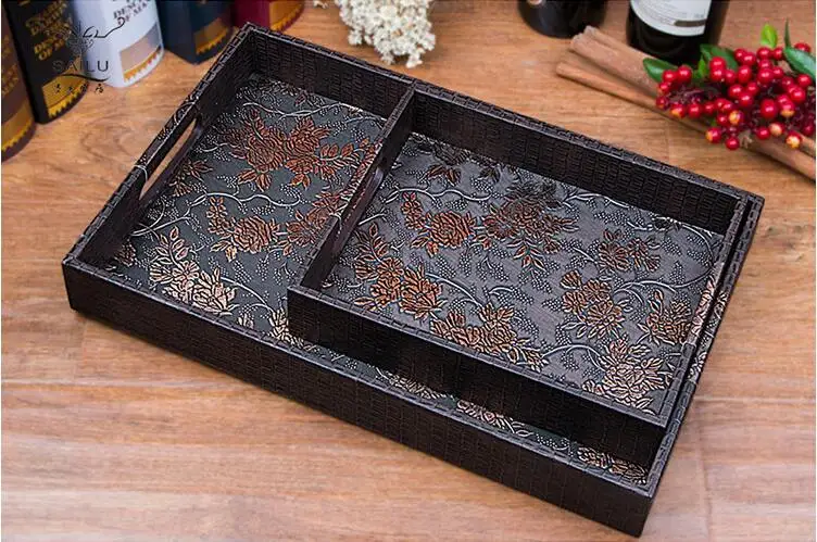 

fashion black rectangle wooden structrue luxury tray leather serving trays black leather tray for home decoration PFT004