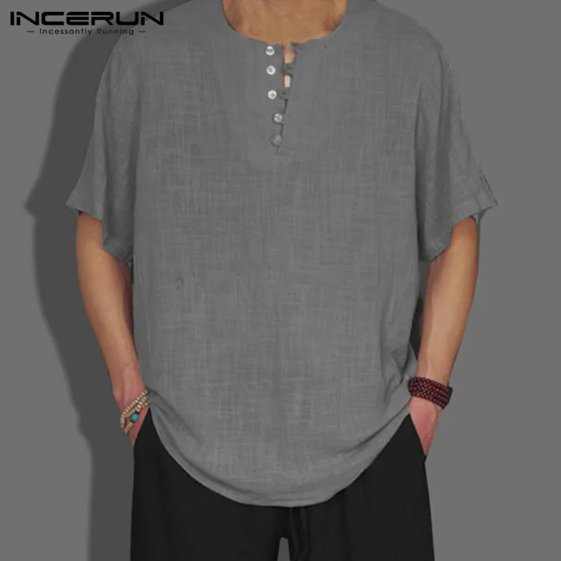 INCERUN style, летняя мужская рубашка, базовая блуза, одноцветная, на пуговицах, Декор, повседневные свободные топы, мужская повседневная рубашка