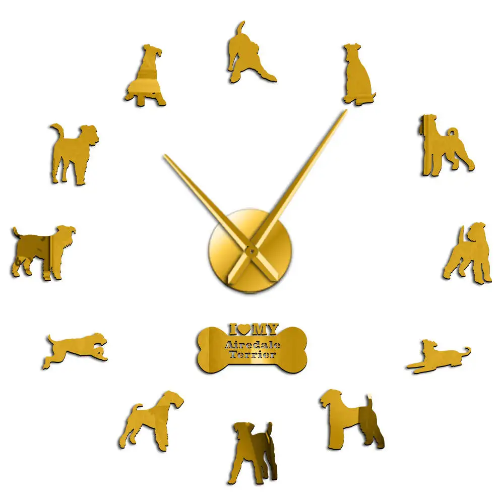 Gold Airedale терьер фигурка собаки Современная DIY настенные часы животные собаки Домашние животные компаньоны лазерная резка тихие развертки часы - Цвет: Gold