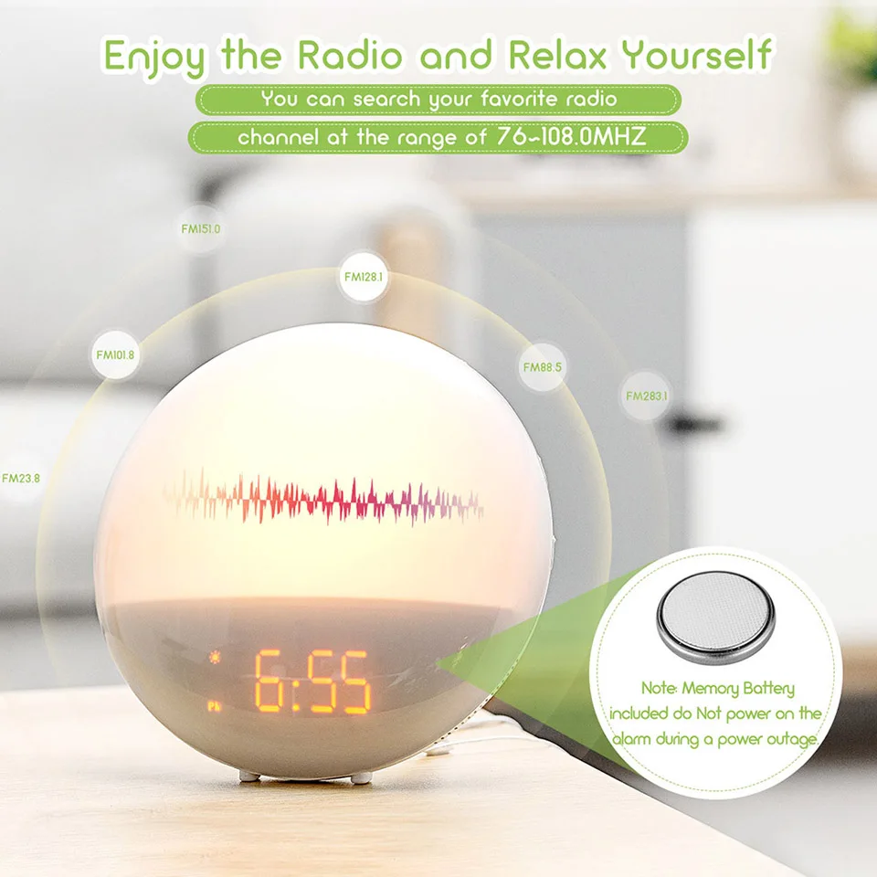 Mpow Led Wake Up будильник с Двойные сигналы FM радио светильник Sunrise Simulation 6 естественных звуков функция повтора и прикроватная лампа
