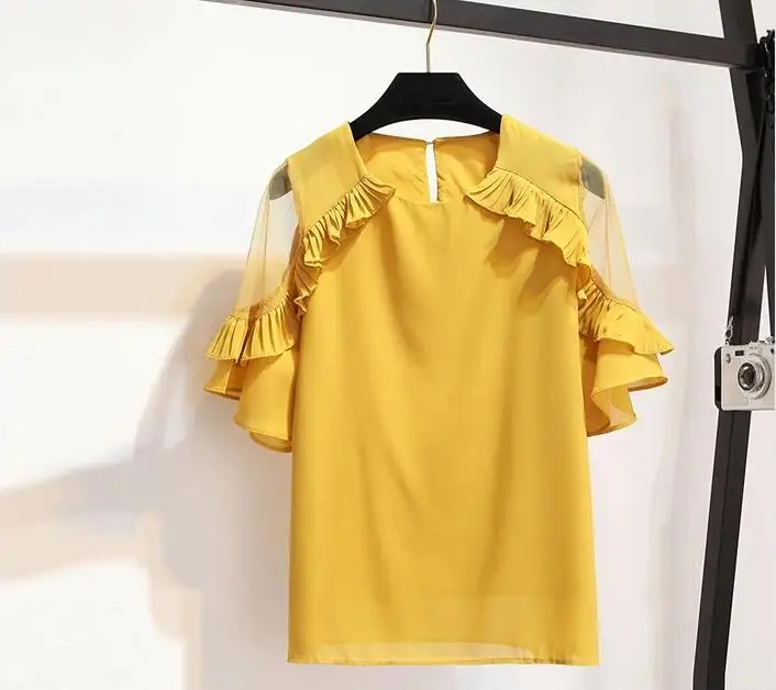 JOYINPARTY Sheer Insert Frill Trim Blouse 2018 New Fashion White Round Neck Short Sleeve Women Top Summer Casual | Женская одежда