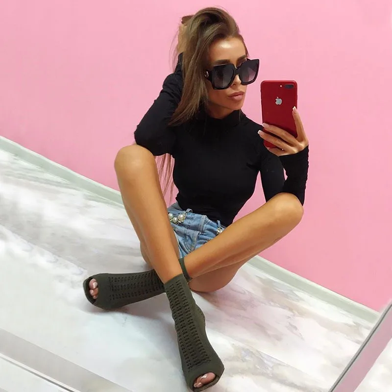 

cotton long sleeve high neck skinny bodysuit 2019 autumn winter women solid black red sexy bodysuit New Fashion Bodycon Playsuit