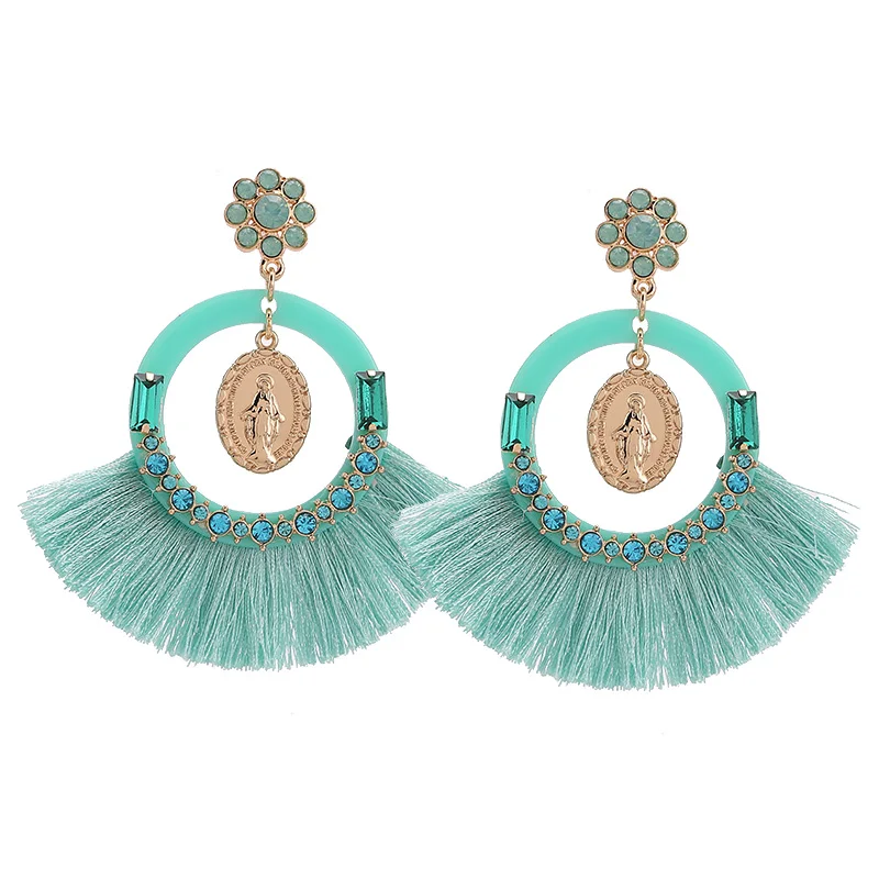 E1085 Blue Green Sehuoran, женские серьги с кисточками, Винтажные серьги, Геометрическая подвеска в виде глаз, Висячие массивные серьги, серьги с бахромой, разноцветные - Окраска металла: E1085 Blue Green