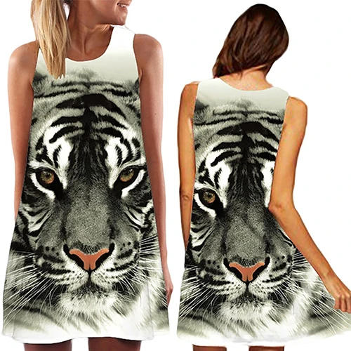 Женское летнее мини платье без рукавов с принтом головы тигра и круглым вырезом|loose dress|women summerdress dress |