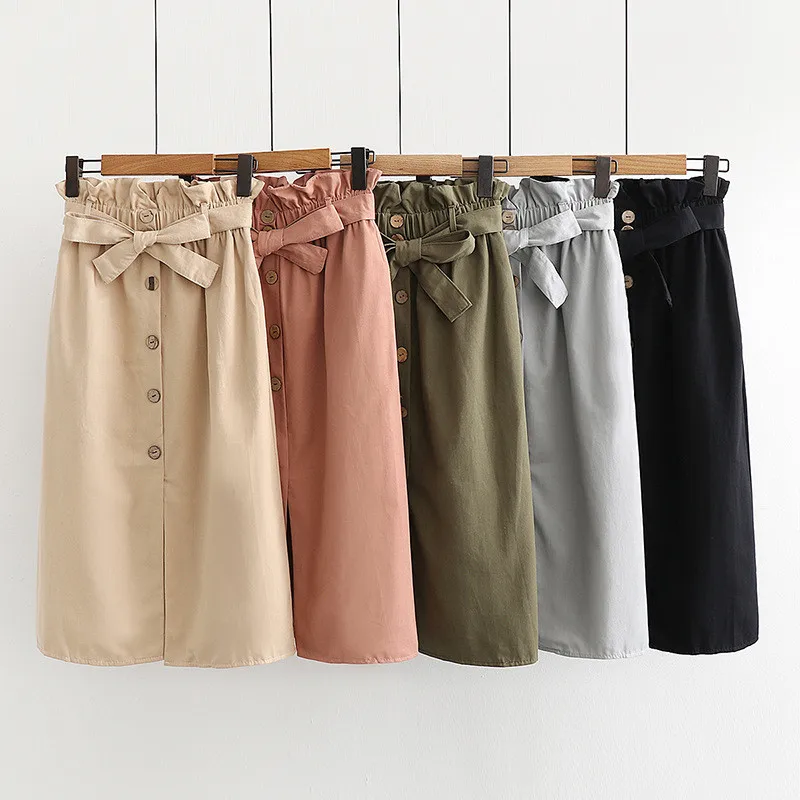 

2019 Summer Women Skirt Solid Elastic High Waist Skirt With Belt Casual A-line Midi Skirts Split Ladies Office Saia Skirts R266