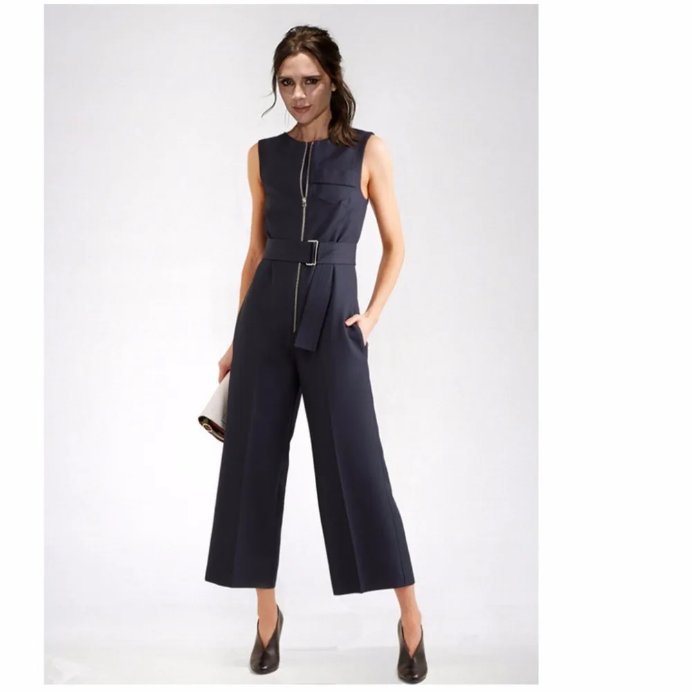 Victoria Beckham Длинный комбинезон с широкими штанинами для женщин Лето без рукавов Элегантный на молнии спереди с круглым вырезом черный красный комбинезон офисный комбинезон