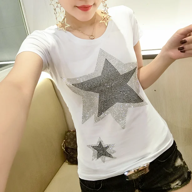 Женские футболки стразы летние топы в стиле панк рок женская футболка с