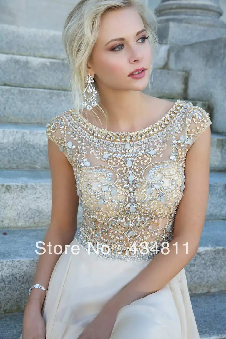 2014 New Scoop Neckline Cap Sleeve Beaded/Crystal See-Through A-Line Tulle Prom Dresses Floor Length Zipper Back Free Shipping | Свадьбы и