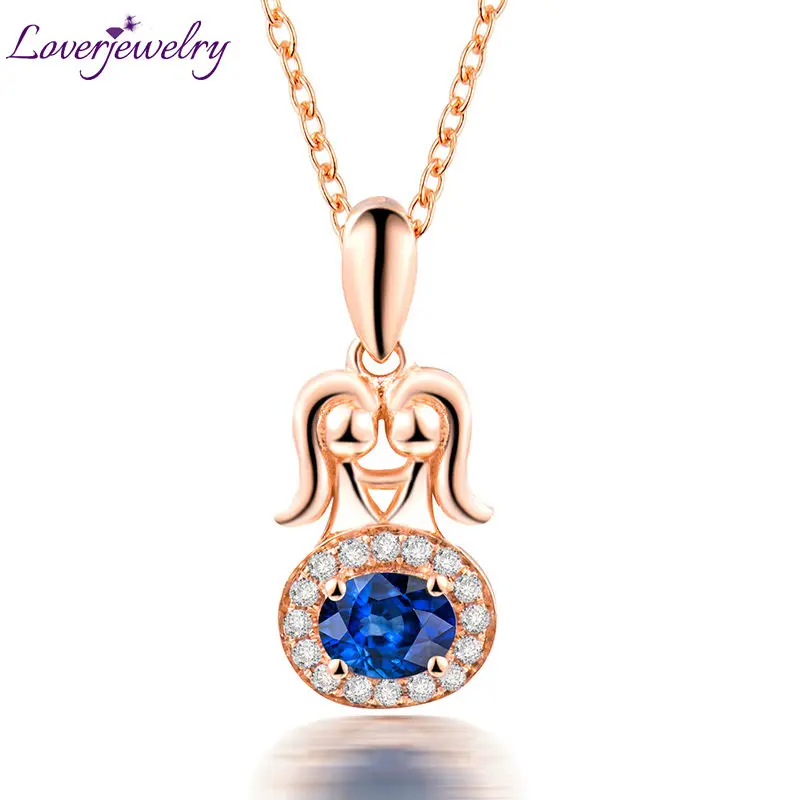 

LOVERJEWELRY, подвески для девочек, близнецы, 100% натуральный синий сапфир, твердый, 18 К, розовое золото, бриллианты, подвеска для юной леди, подарок ...