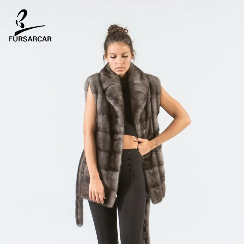 FURSARCAR коричневый натуральный норковый меховой жилет для модных роскошных дам жилет для женщин натуральный мех зимнее пальто
