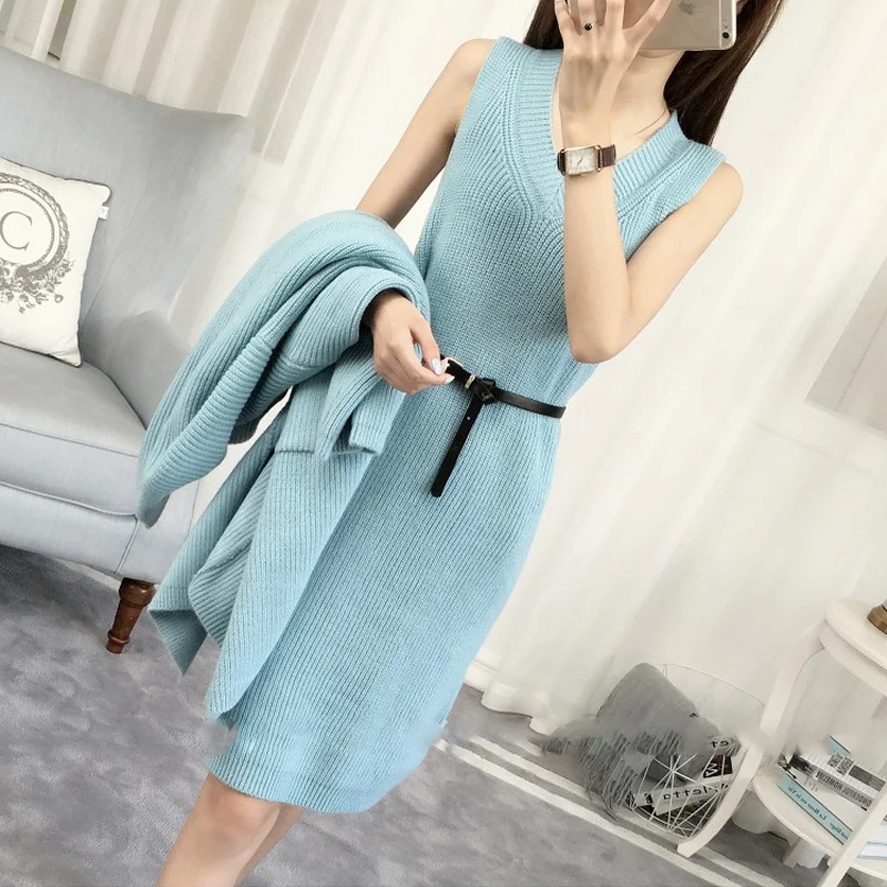 Two sets of spring and autumn sweater coat fashion dress set 2018 new long cardigan |