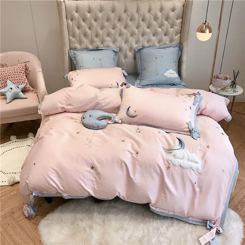 

Stars moon embroidery Bedding Set King Queen Size 4/7pcs egyptian cotton Bed Linen Duvet Cover Bed Sheet Pillowcases for girls