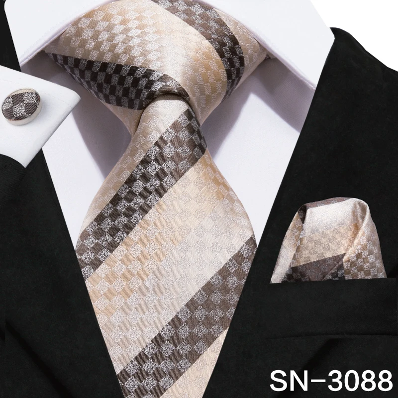 SN-3088 Hi-Tie Мужские галстуки высокое качество Шелковый тканый коричневый цветочный галстук набор носовой платок запонки Набор Бизнес Свадебные шейные Галстуки SN-3063 - Цвет: SN-3088