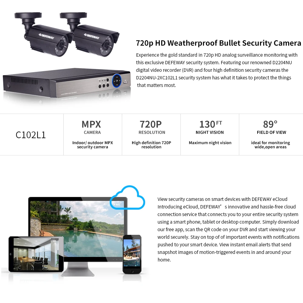 DEFEWAY 1080N P2P 4 канала Системы видеонаблюдения DVR комплект 2 шт. Открытый ИК Ночное видение 1,0 МП с аккумулятор для экстренной зарядки
