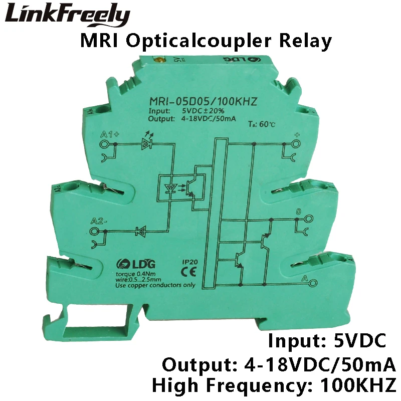 

MRI-05D05 100KHZ PLC LED Signal Opto Coupler Relay 5V DC 8mA Input Output 4-18VDC 50mA Interface Voltage Relay Module DIN Rail