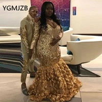 gold mermaid evening dresses 2022 sparkly sequin v neck long sleeve flowers skirt black girl formal prom gala dress plus size