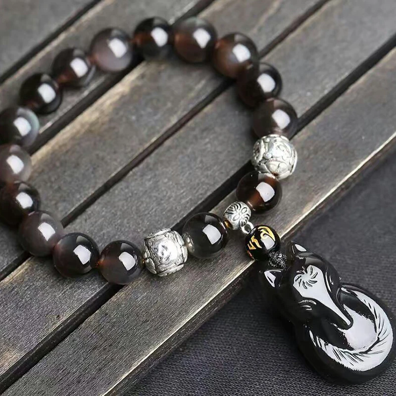 Подвеска из натурального обсидиана 10 мм с круглыми бусинами|bracelet lucky|bracelet 10mmbracelet